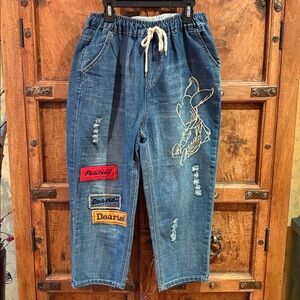 Aitailan cropped baggy high rise pants jeans piglet patches distressed sz S-M